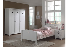 LUCEVI - Amori bed + Lattenbodem + Nachtkastje + 3 Deurs Kleerkast - Wit - 90x200 cm