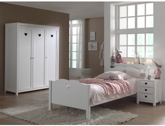 LUCEVI - Amori bed + Lattenbodem + Nachtkastje + 3 Deurs Kleerkast - Wit - 90x200 cm