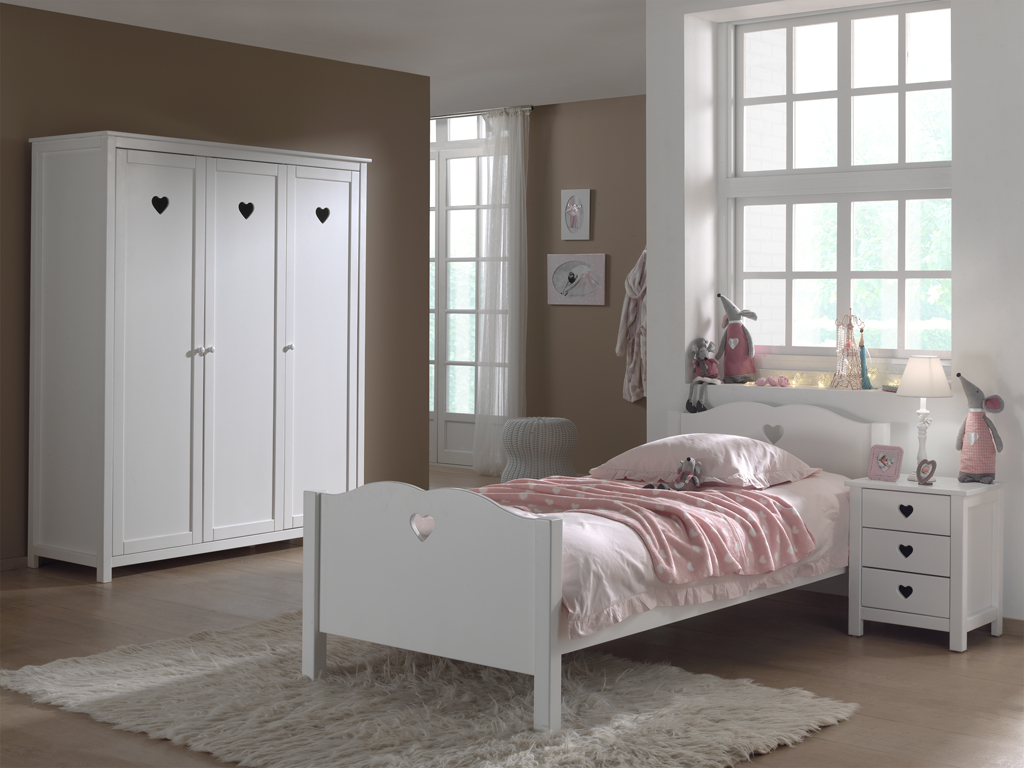 LUCEVI - Amori bed + Lattenbodem + Nachtkastje + 3 Deurs Kleerkast - Wit - 90x200 cm