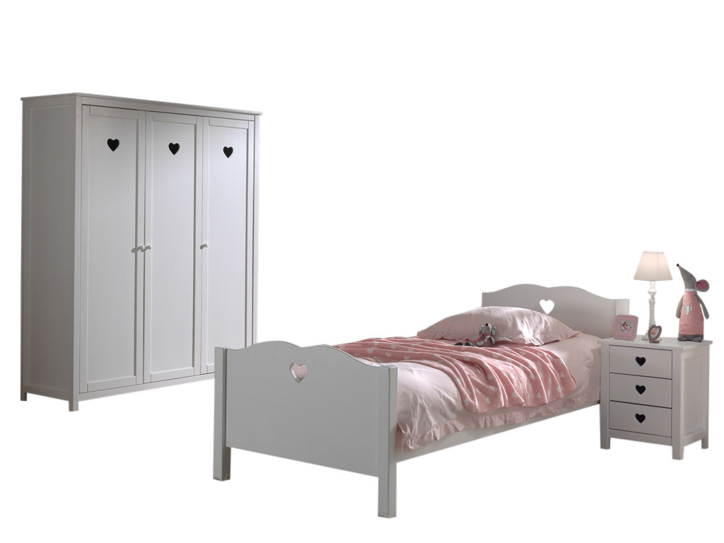 LUCEVI - Amori bed + Lattenbodem + Nachtkastje + 3 Deurs Kleerkast - Wit - 90x200 cm