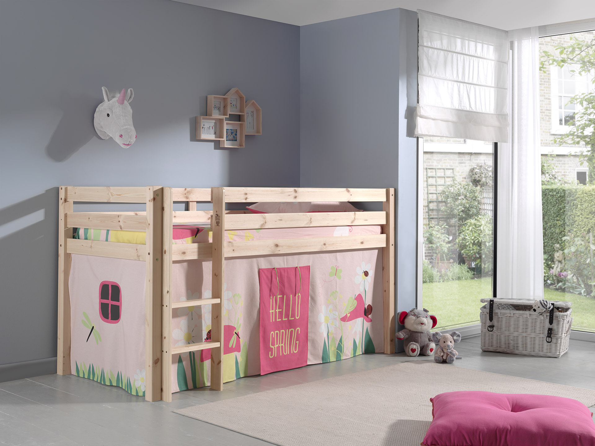 LUCEVI - Pino Halfhoogslaper + Ladder + Spring Gordijntjes - Bruin - 90x200 cm