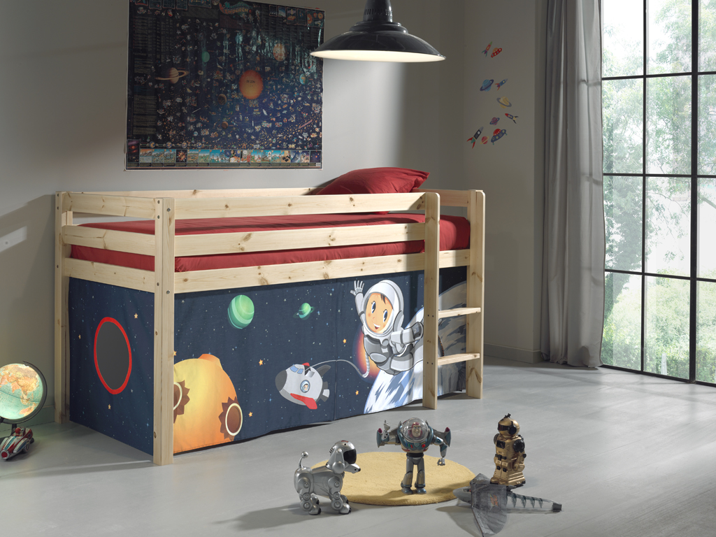LUCEVI - Pino Halfhoogslaper + Ladder + Space Gordijntjes - Bruin - 90x200 cm