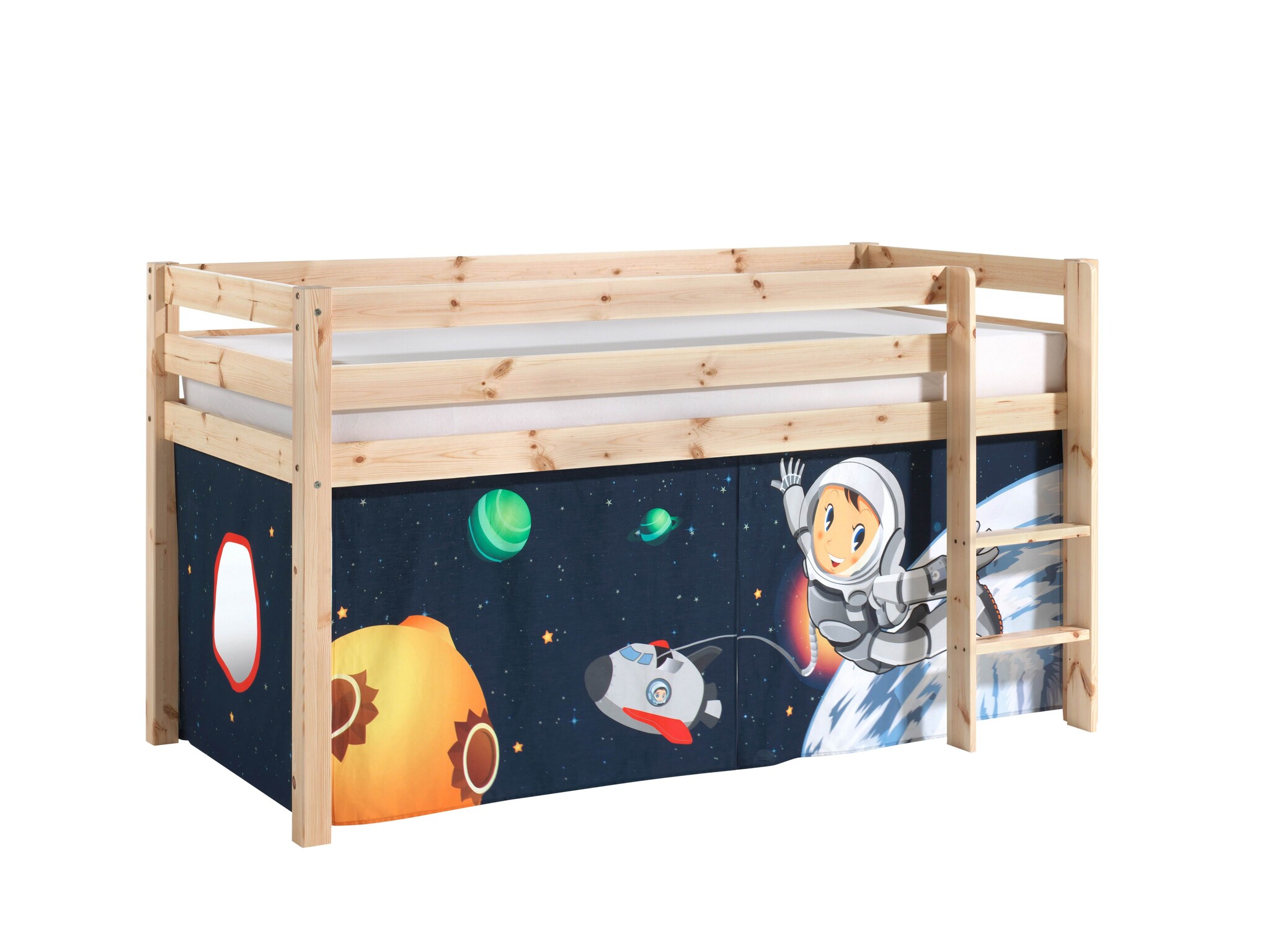 LUCEVI - Pino Halfhoogslaper + Ladder + Space Gordijntjes - Bruin - 90x200 cm