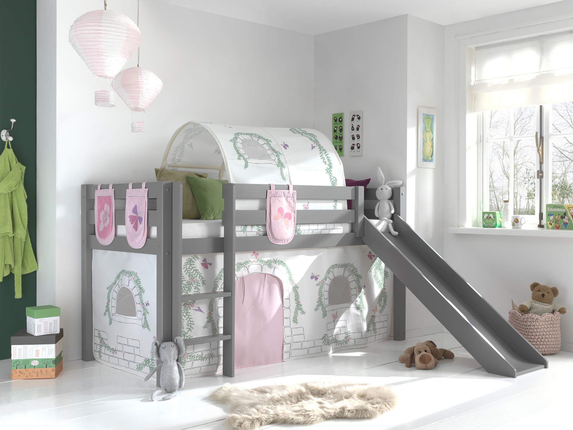 LUCEVI - Pino Halfhoogslaper + Ladder + Glijbaan + Birdy Gordijntjes + 3 Zakjes + Birdy Tunnel - Grijs - 90x200 cm