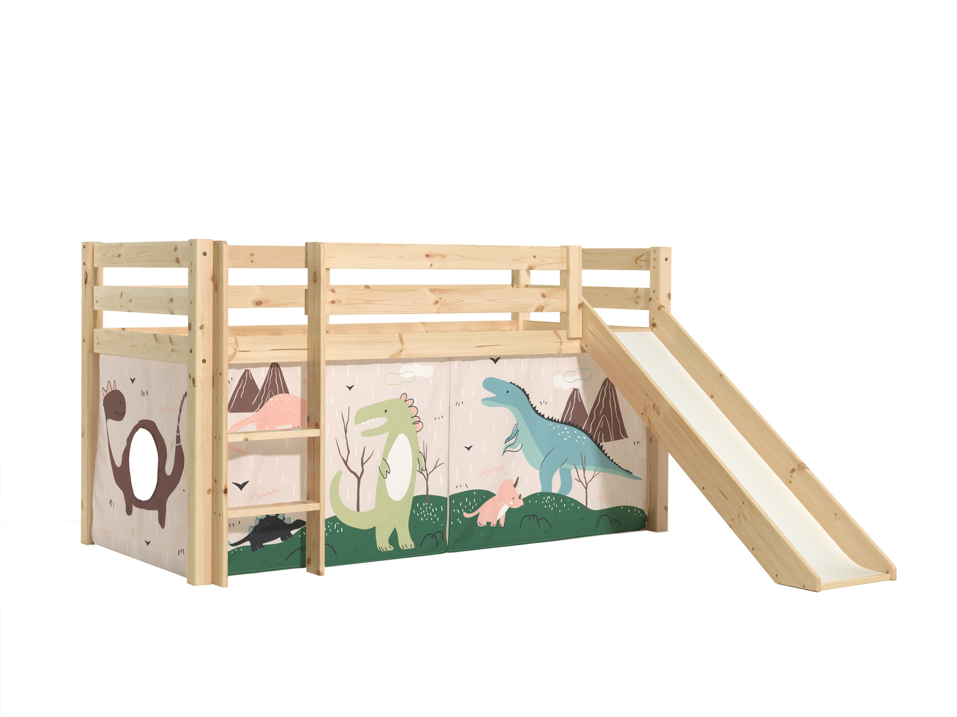 LUCEVI - Pino Halfhoogslaper H115CM + Ladder + Glijbaan + Dino Gordijntjes - Bruin - 90x200 cm
