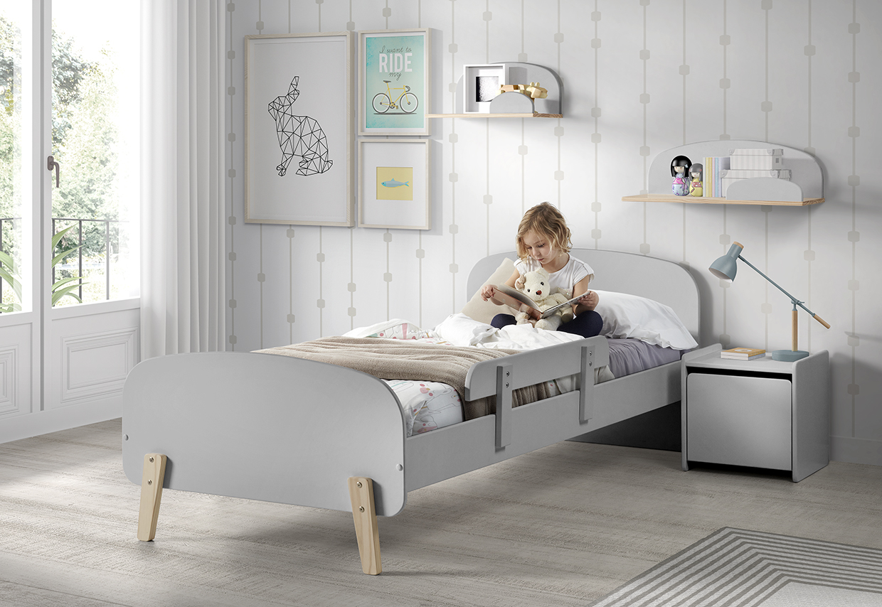 LUCEVI - Kiddy bed + Nachtkastje + Hangplankjes + Uitvalbeveiliging - Cool Grey - 90x200 cm