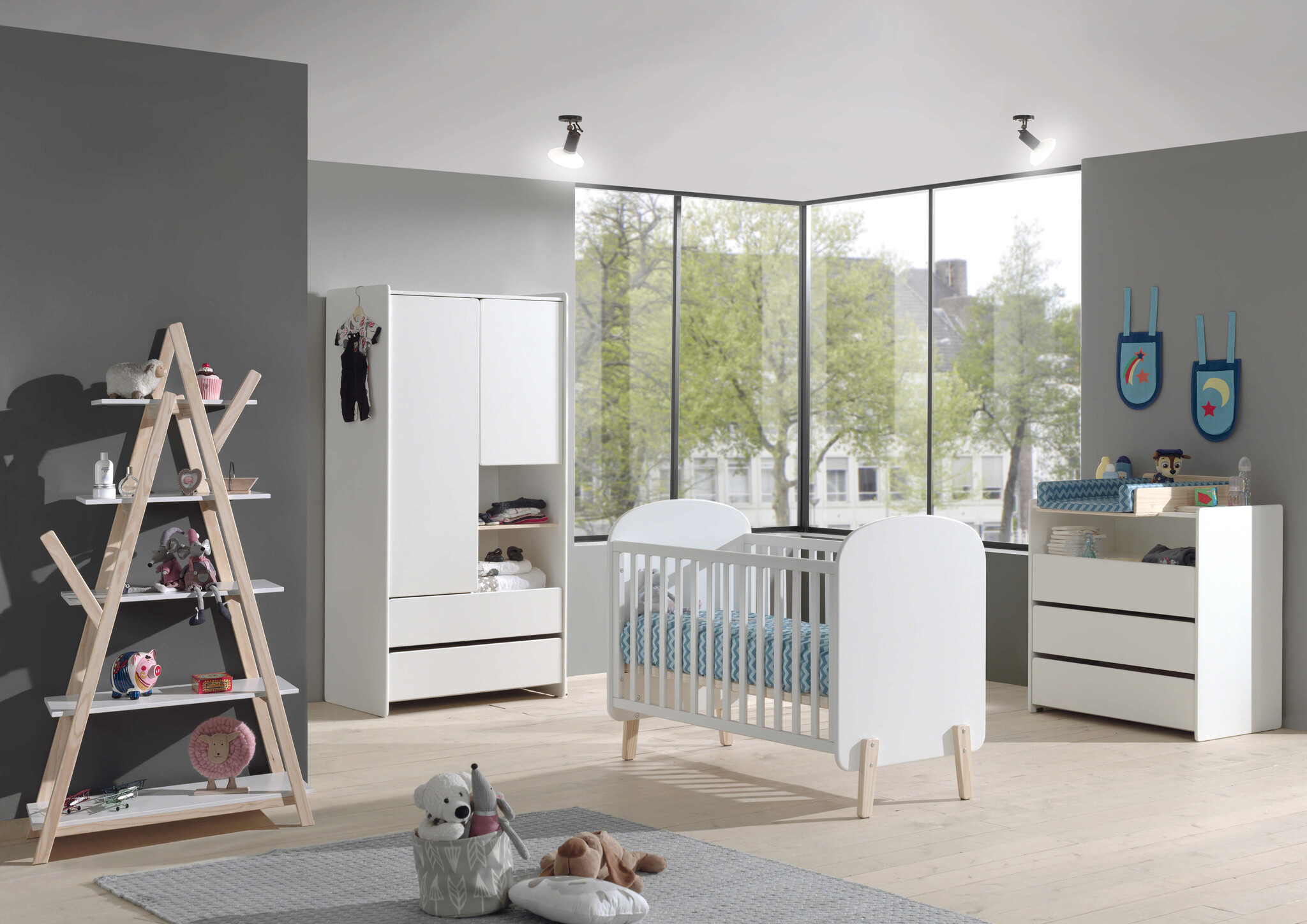 LUCEVI - Kiddy Babybed 60x120 cm + Commode 3 Laden + 2 Deurs Kleerkast + Boekenkast - Wit