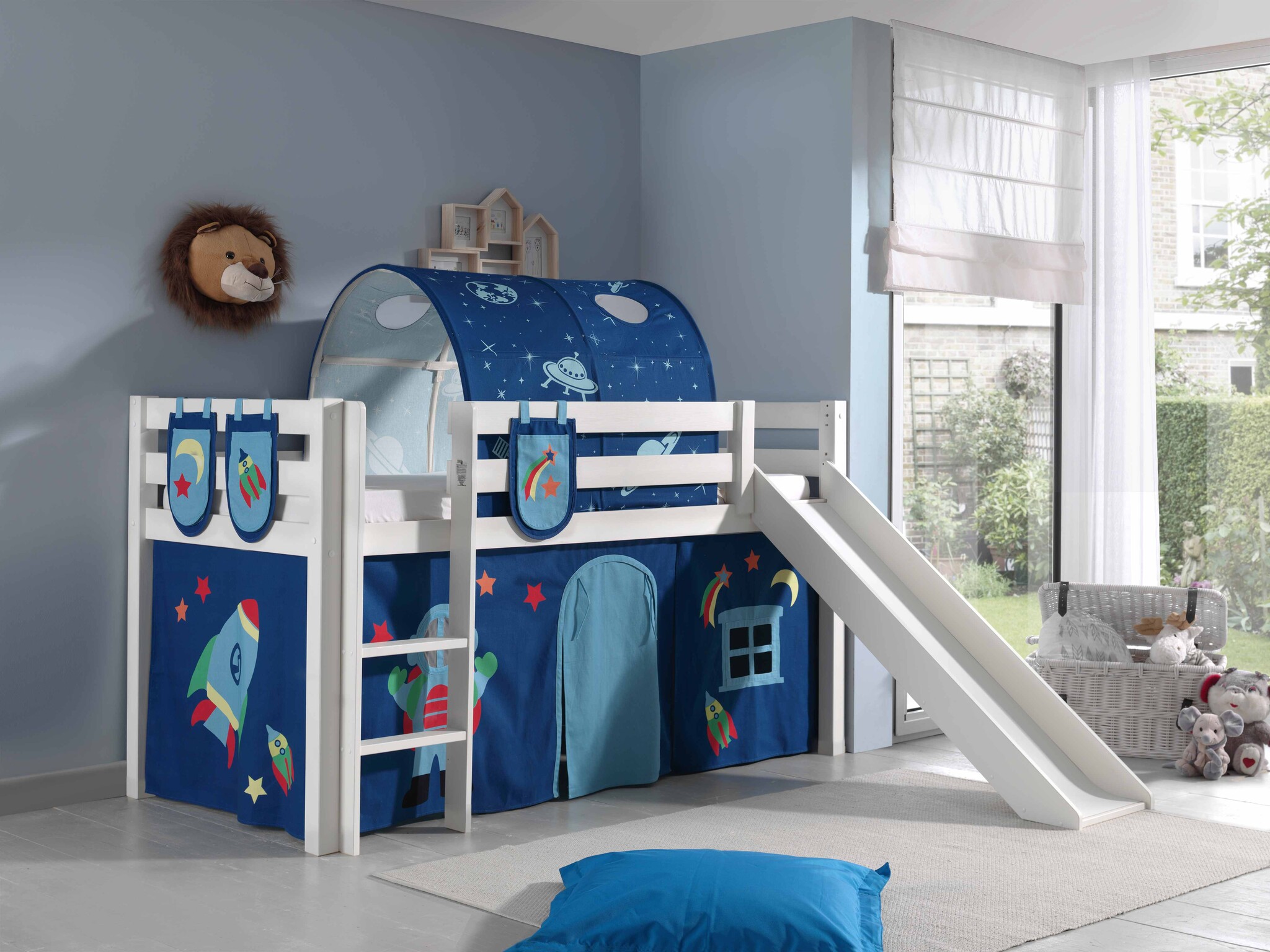 LUCEVI - Pino Halfhoogslaper + Ladder + Glijbaan + Astro Gordijntjes + 3 Zakjes + Astro Tunnel - Wit - 90x200 cm