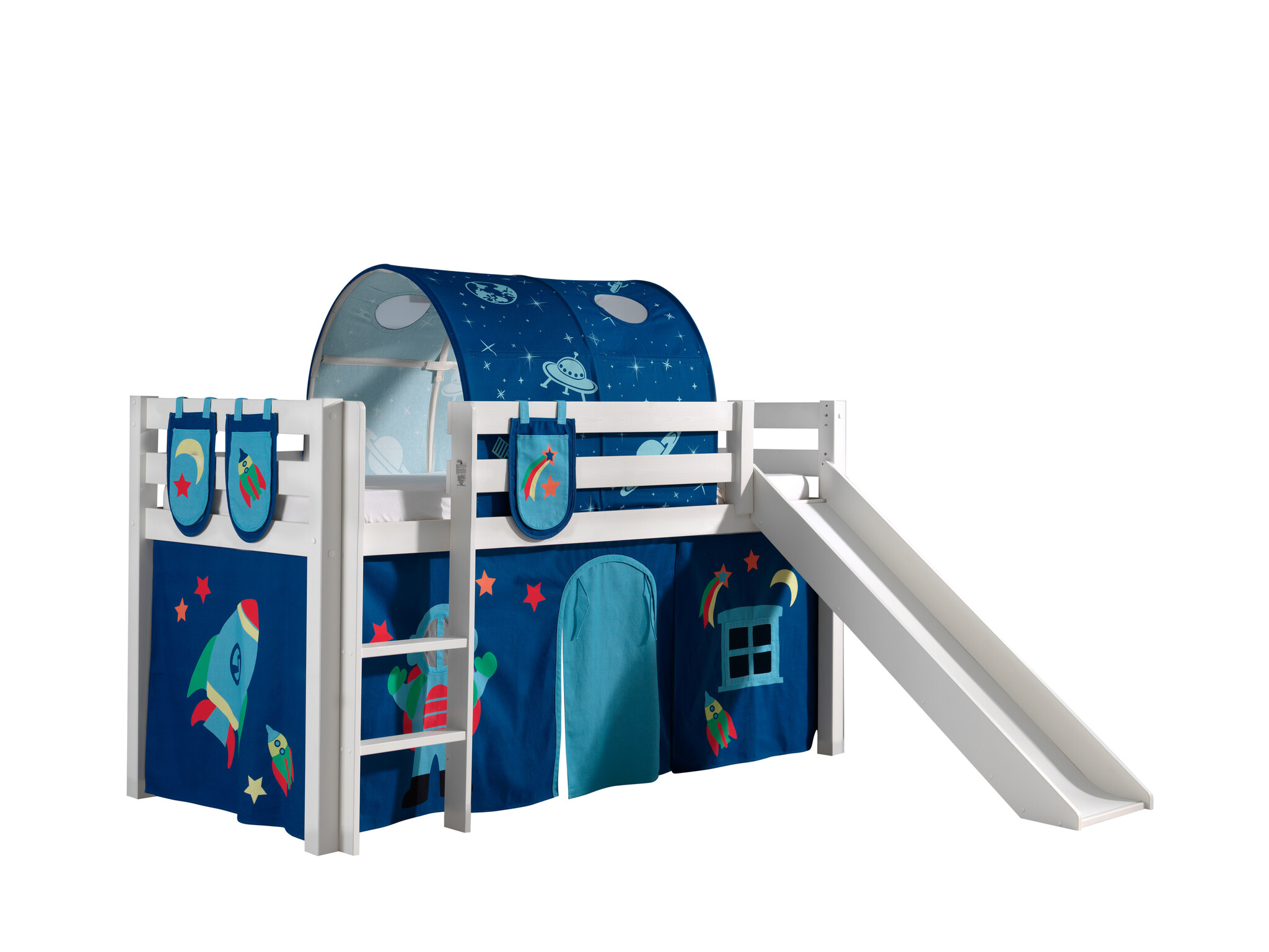 LUCEVI - Pino Halfhoogslaper + Ladder + Glijbaan + Astro Gordijntjes + 3 Zakjes + Astro Tunnel - Wit - 90x200 cm