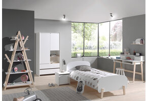 LUCEVI - Kiddy bed + 2 Deurs Kleerkast + Nachtkastje + Bureau + Boekenkast - Wit - 90x200 cm