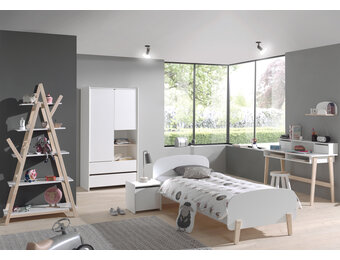 LUCEVI - Kiddy bed + 2 Deurs Kleerkast + Nachtkastje + Bureau + Boekenkast - Wit - 90x200 cm