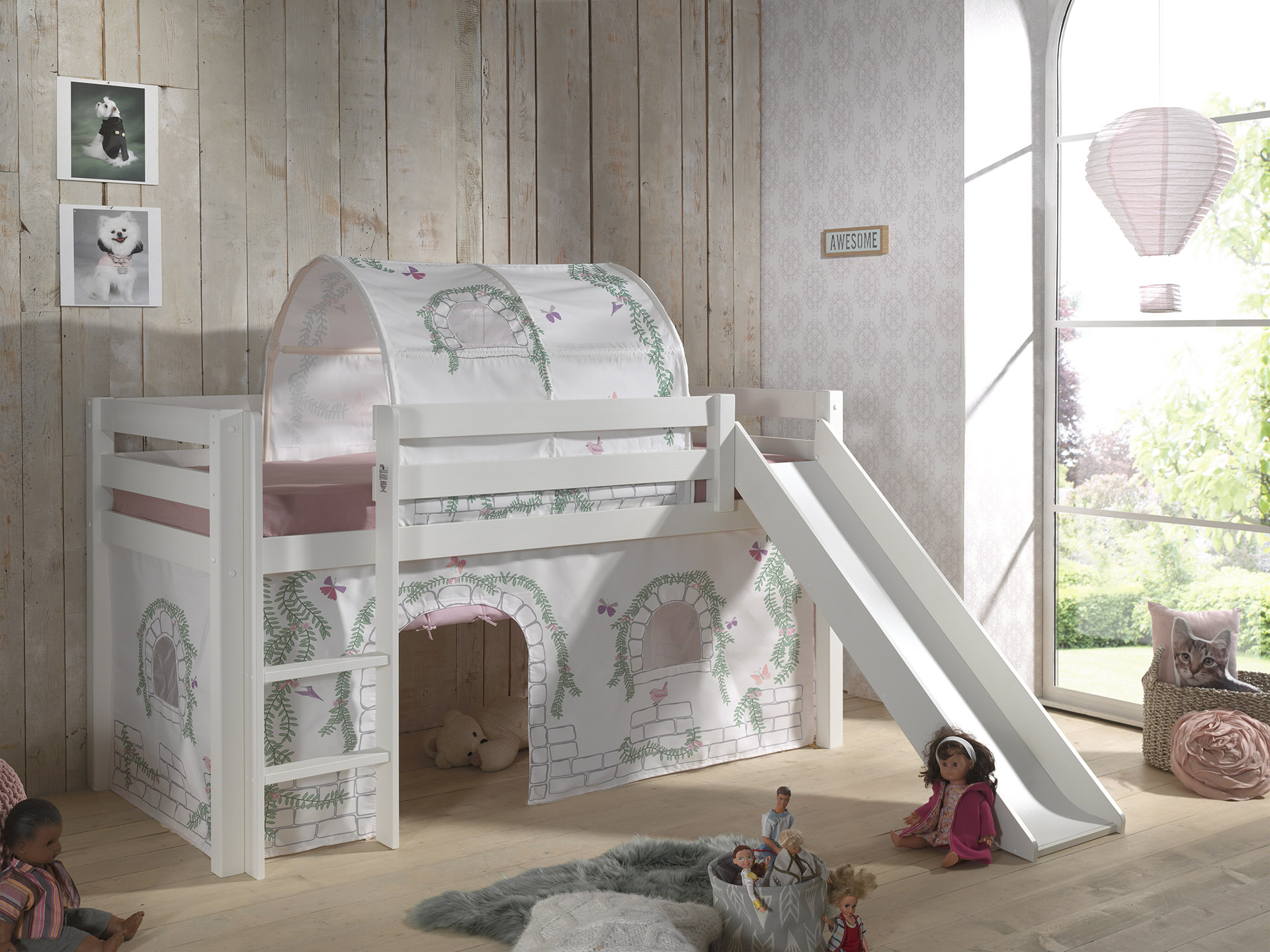 LUCEVI - Pino Halfhoogslaper + Ladder + Glijbaan + Birdy Gordijntjes + Birdy Tunnel - Wit - 90x200 cm