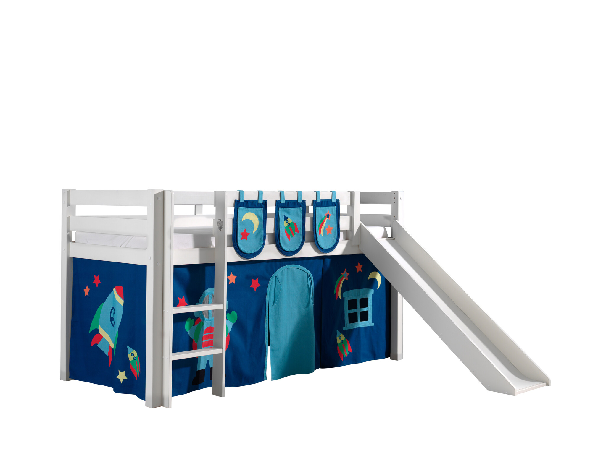 LUCEVI - Pino Halfhoogslaper + Ladder + Glijbaan + Astro Gordijntjes + 3 Zakjes - Wit - 90x200 cm