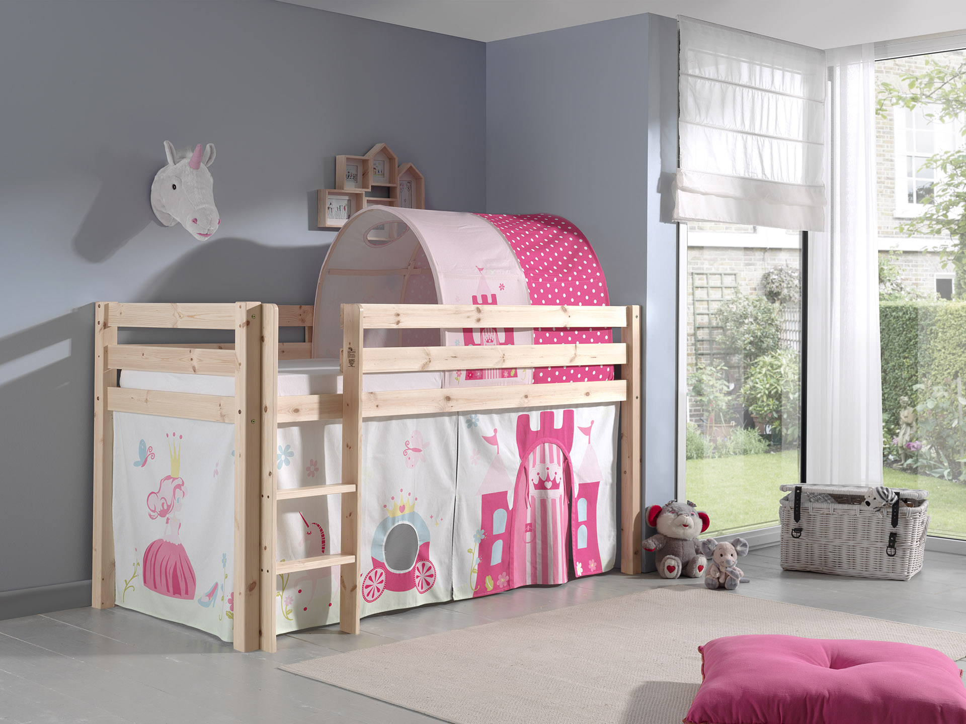 LUCEVI - Pino Halfhoogslaper + Ladder + Princess Gordijntjes + Princess Tunnel - Bruin - 90x200 cm