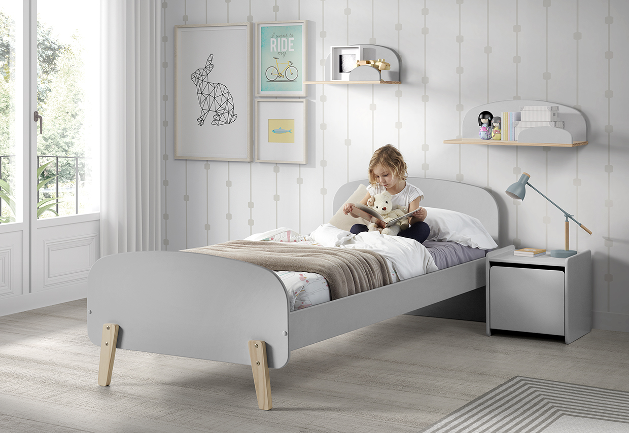 LUCEVI - Kiddy bed + Nachtkastje + Hangplankjes - Cool Grey - 90x200 cm