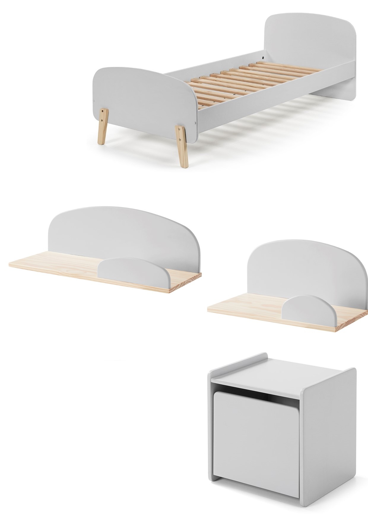 LUCEVI - Kiddy bed + Nachtkastje + Hangplankjes - Cool Grey - 90x200 cm