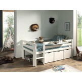 LUCEVI - Pino Halfhoogslaper H85CM + Ladder + Set van 3 Laden + Hangplank - Wit - 90x200 cm