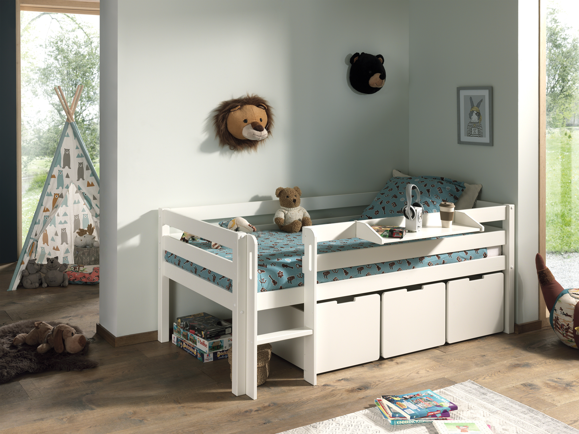 LUCEVI - Pino Halfhoogslaper H85CM + Ladder + Set van 3 Laden + Hangplank - Wit - 90x200 cm