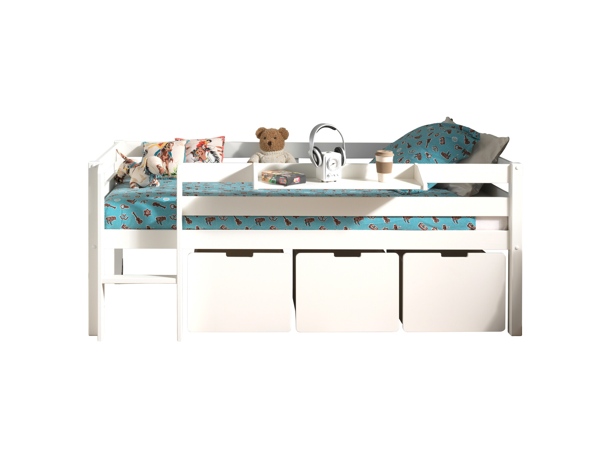 LUCEVI - Pino Halfhoogslaper H85CM + Ladder + Set van 3 Laden + Hangplank - Wit - 90x200 cm