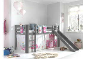 LUCEVI - Pino Halfhoogslaper + Ladder + Glijbaan + Princess Gordijntjes + 3 Zakjes - Grijs - 90x200 cm