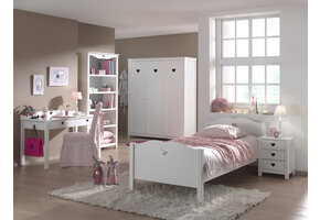 LUCEVI - Amori bed + Lattenbodem + Nachtkastje + 3 Deurs Kleerkast + Bureau + Boekenkast - Wit - 90x200 cm