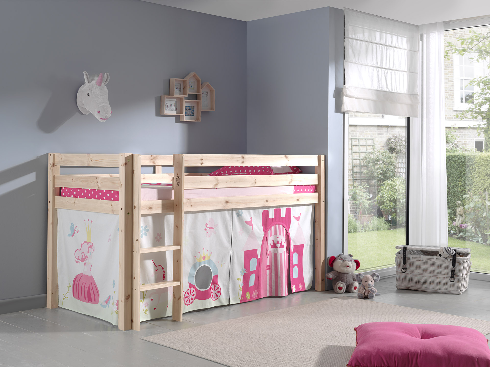 LUCEVI - Pino Halfhoogslaper + Ladder + Princess Gordijntjes - Bruin - 90x200 cm
