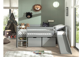 LUCEVI - Pino Halfhoogslaper H85CM + Glijbaan + Ladder + Set van 2 Laden - Grijs - 90x200 cm