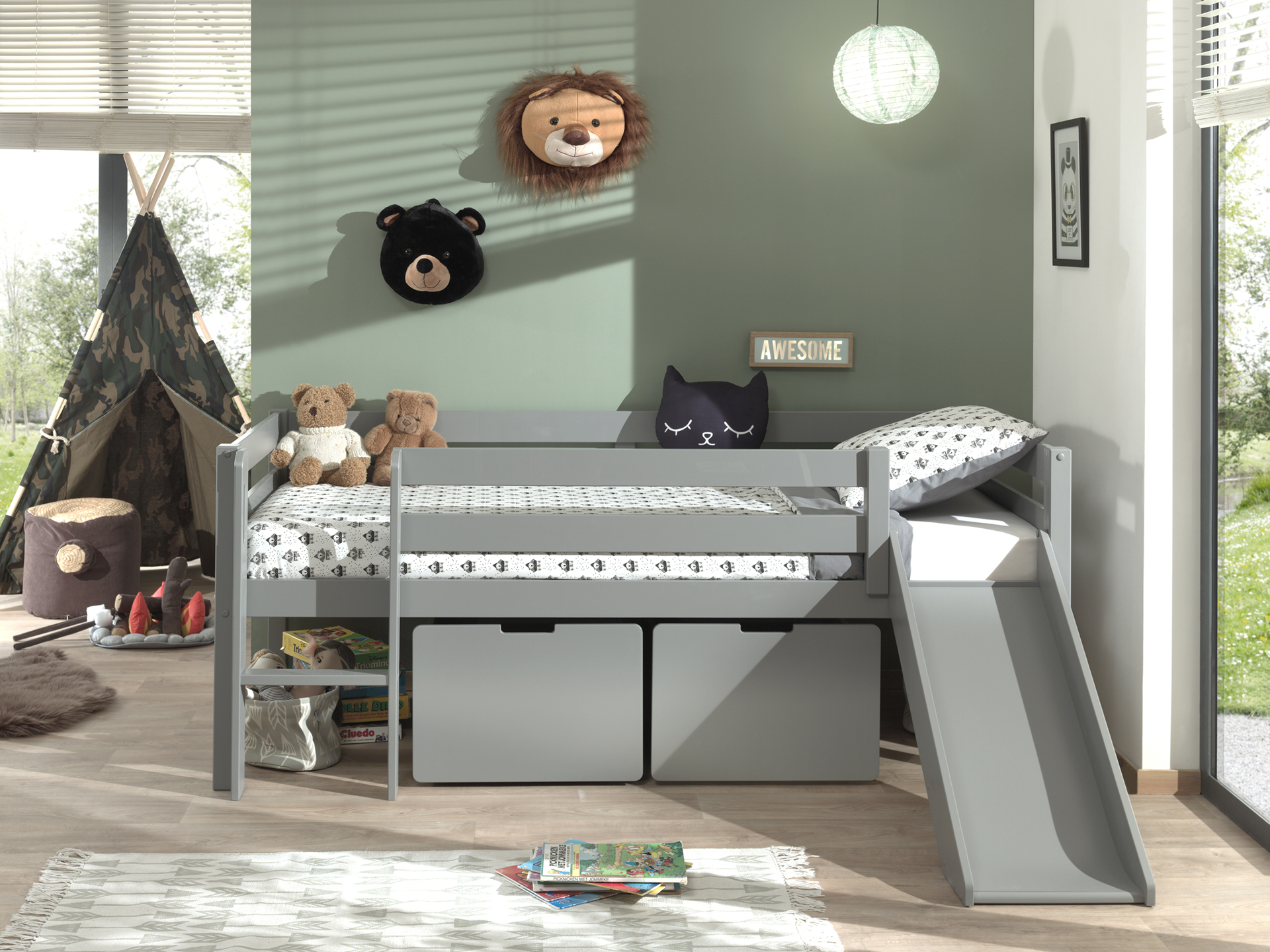 LUCEVI - Pino Halfhoogslaper H85CM + Glijbaan + Ladder + Set van 2 Laden - Grijs - 90x200 cm