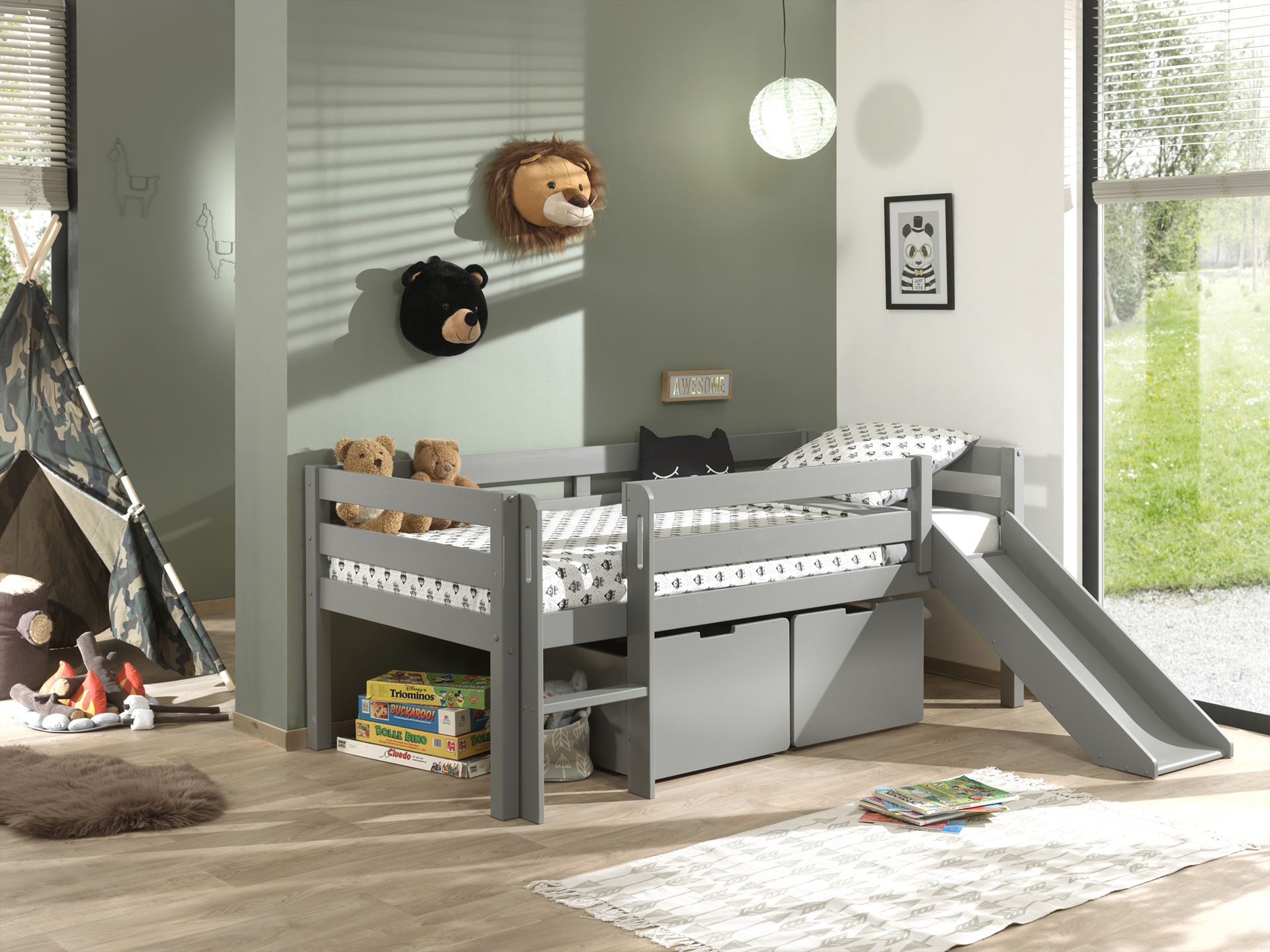 LUCEVI - Pino Halfhoogslaper H85CM + Glijbaan + Ladder + Set van 2 Laden - Grijs - 90x200 cm