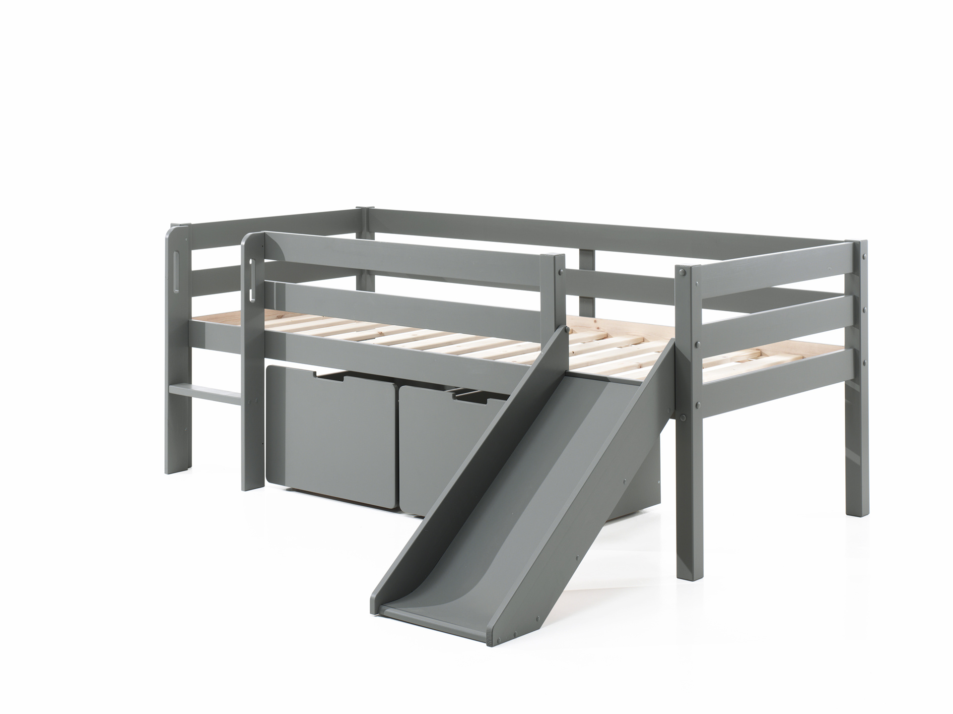 LUCEVI - Pino Halfhoogslaper H85CM + Glijbaan + Ladder + Set van 2 Laden - Grijs - 90x200 cm