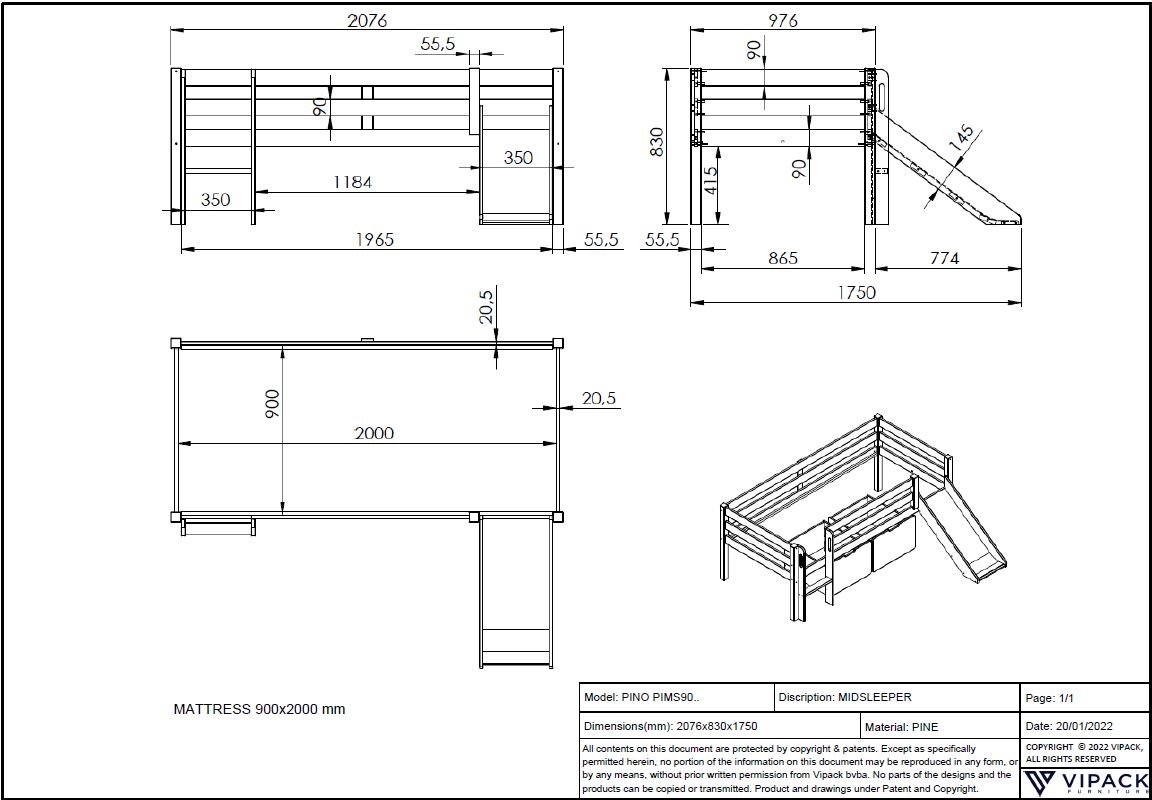 LUCEVI - Pino Halfhoogslaper H85CM + Glijbaan + Ladder + Set van 2 Laden - Grijs - 90x200 cm