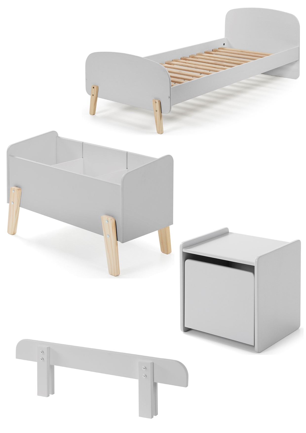 LUCEVI - Kiddy bed + Nachtkastje + Uitvalbeveiliging + Speelkoffer - Cool Grey - 90x200 cm