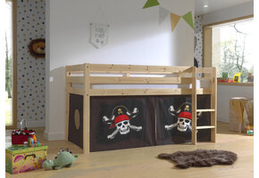 LUCEVI - Pino Halfhoogslaper H115CM + Ladder + Caribian Pirates Gordijntjes - Bruin - 90x200 cm