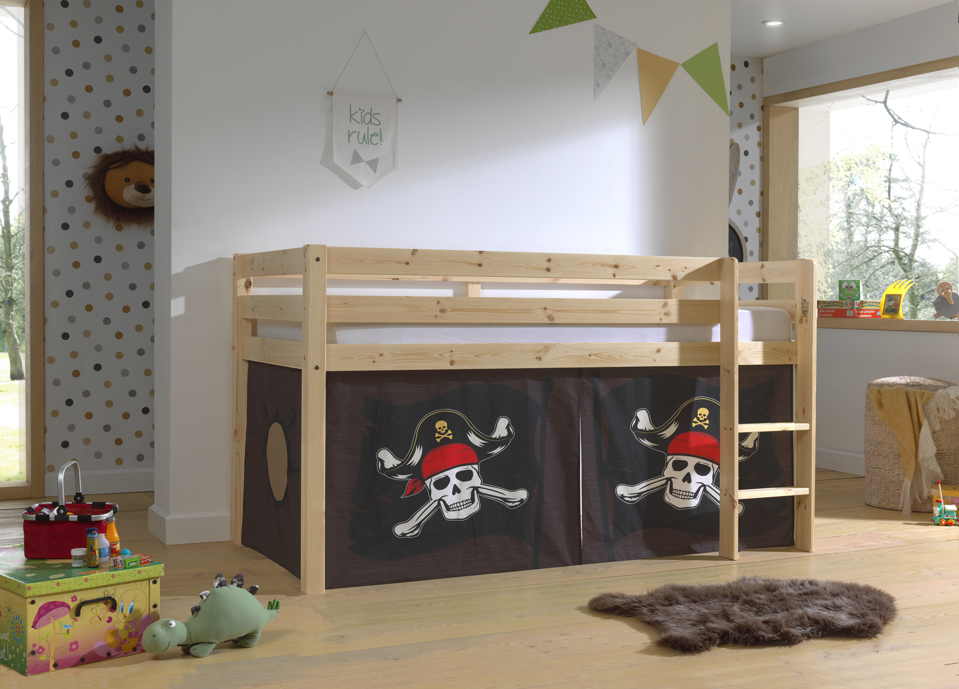 LUCEVI - Pino Halfhoogslaper H115CM + Ladder + Caribian Pirates Gordijntjes - Bruin - 90x200 cm