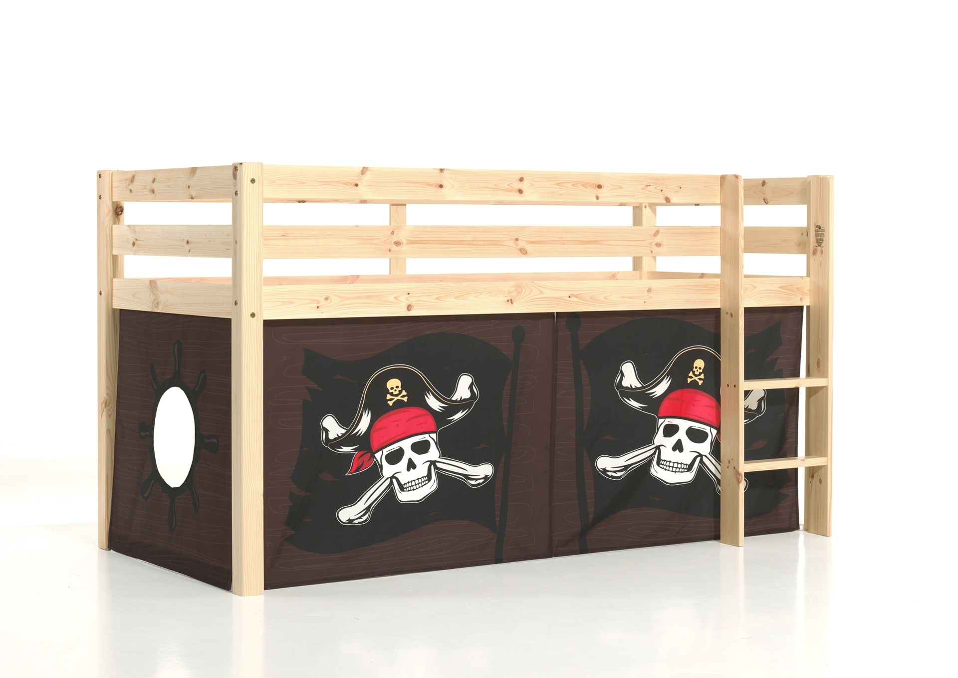 LUCEVI - Pino Halfhoogslaper H115CM + Ladder + Caribian Pirates Gordijntjes - Bruin - 90x200 cm