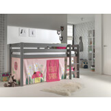 LUCEVI - Pino Halfhoogslaper H115CM + Ladder + Spring Gordijntjes - Grijs - 90x200 cm