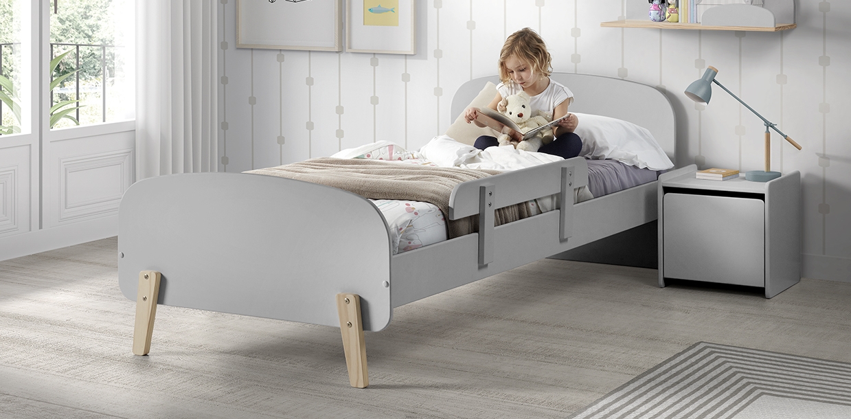 LUCEVI - Kiddy bed + Nachtkastje + Uitvalbeveiliging - Cool Grey - 90x200 cm