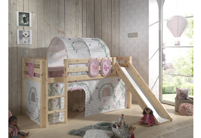 LUCEVI - Pino Halfhoogslaper + Ladder + Glijbaan + Birdy Gordijntjes + 3 Zakjes + Birdy Tunnel - Bruin - 90x200 cm