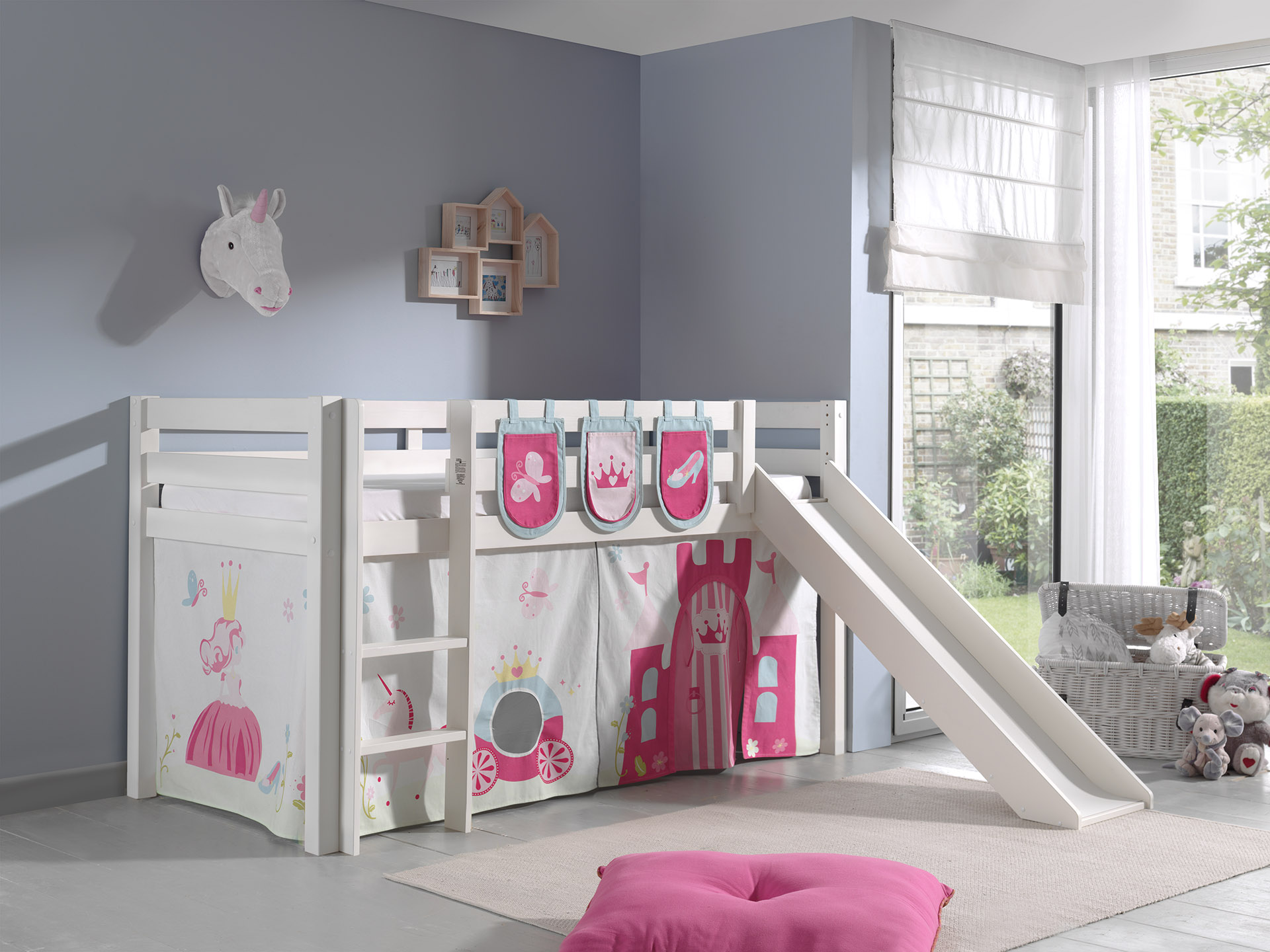 LUCEVI - Pino Halfhoogslaper + Ladder + Glijbaan + Princess Gordijntjes + 3 Zakjes - Wit - 90x200 cm