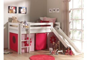 LUCEVI - Pino Halfhoogslaper + Ladder + Glijbaan + Pink Flower Gordijntjes - Wit - 90x200 cm