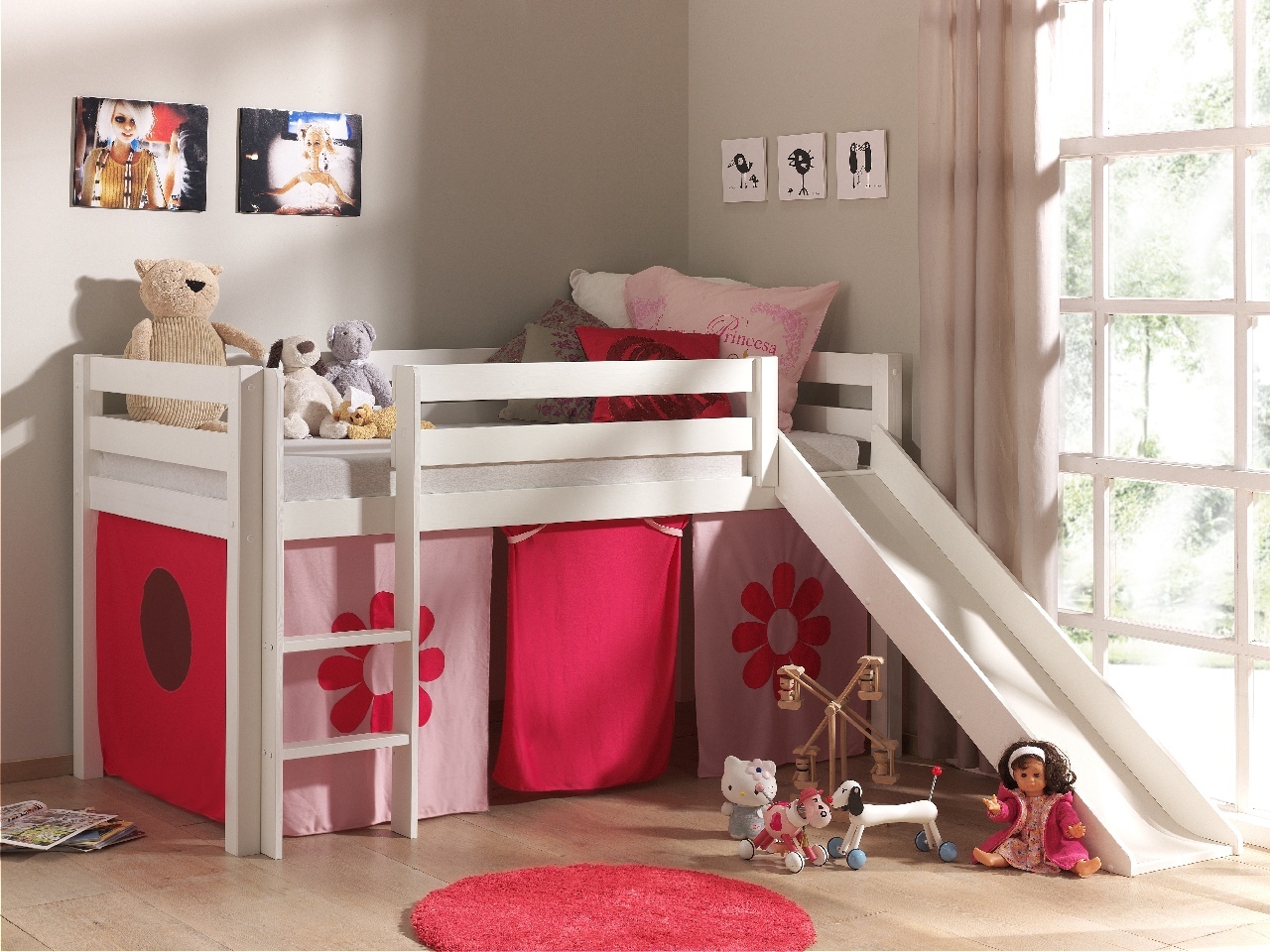 LUCEVI - Pino Halfhoogslaper + Ladder + Glijbaan + Pink Flower Gordijntjes - Wit - 90x200 cm