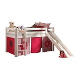 LUCEVI - Pino Halfhoogslaper + Ladder + Glijbaan + Pink Flower Gordijntjes - Wit - 90x200 cm