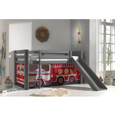 LUCEVI - Pino Halfhoogslaper H115CM + Ladder + Glijbaan + Fire Truck Gordijntjes - Grijs - 90x200 cm