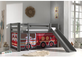 LUCEVI - Pino Halfhoogslaper H115CM + Ladder + Glijbaan + Fire Truck Gordijntjes - Grijs - 90x200 cm