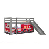 LUCEVI - Pino Halfhoogslaper H115CM + Ladder + Glijbaan + Fire Truck Gordijntjes - Grijs - 90x200 cm