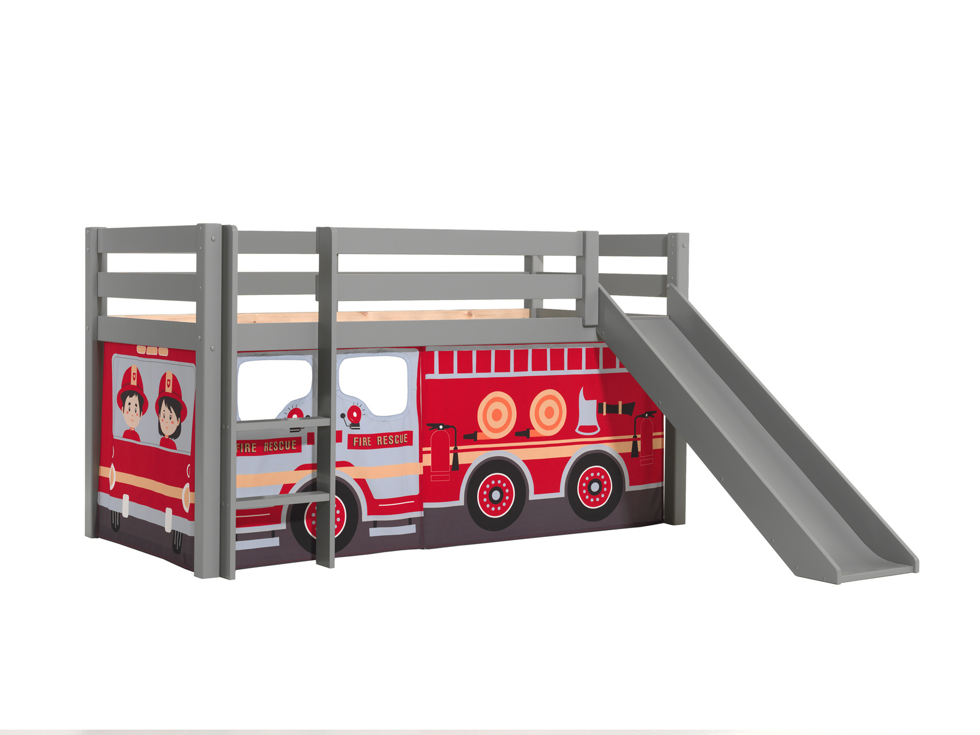 LUCEVI - Pino Halfhoogslaper H115CM + Ladder + Glijbaan + Fire Truck Gordijntjes - Grijs - 90x200 cm