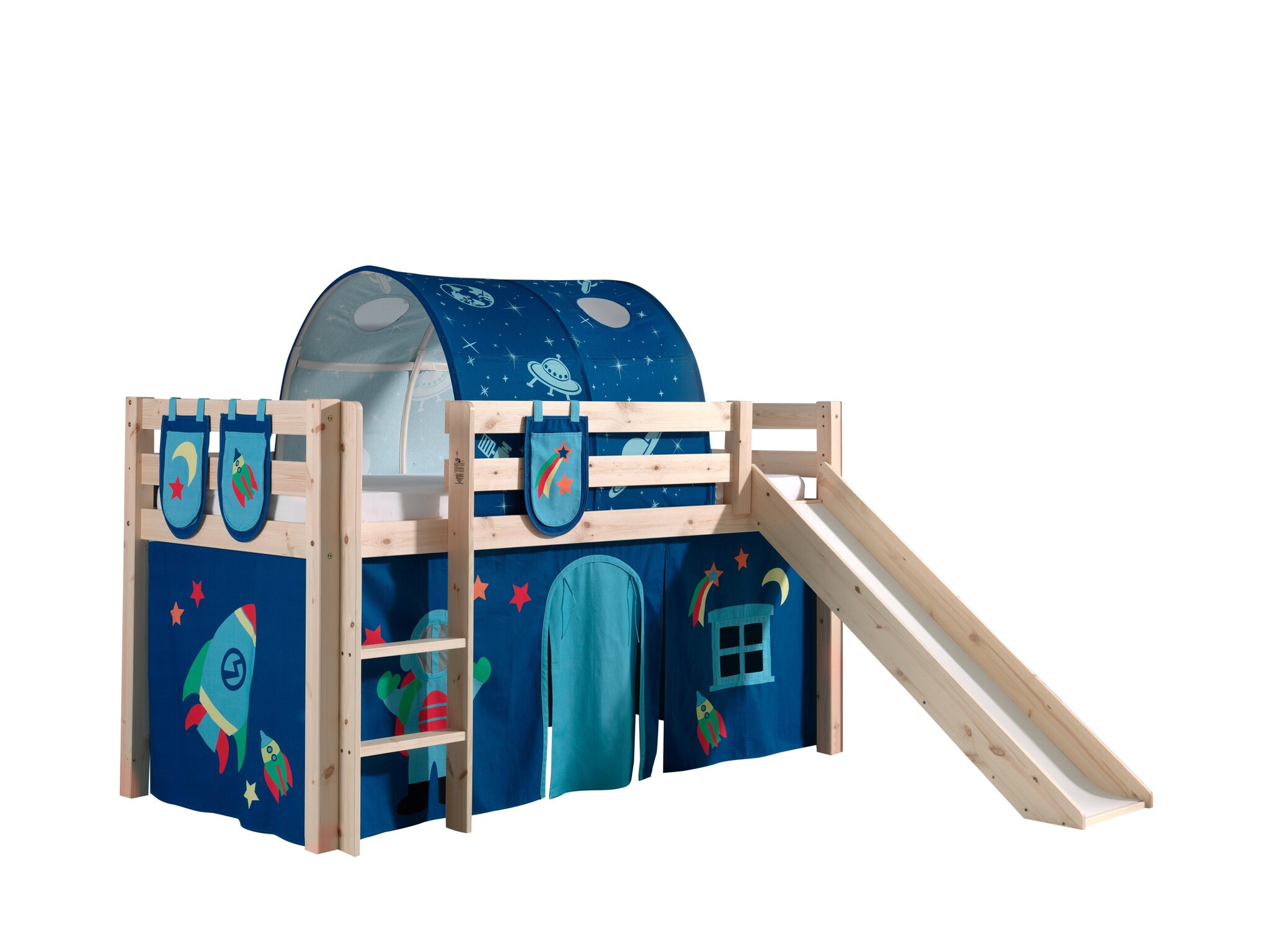 LUCEVI - Pino Halfhoogslaper + Ladder + Glijbaan + Astro Gordijntjes + 3 Zakjes + Astro Tunnel - Bruin - 90x200 cm