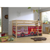 LUCEVI - Pino Halfhoogslaper H115CM + Ladder + Fire Truck Gordijntjes - Bruin - 90x200 cm
