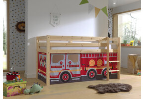 LUCEVI - Pino Halfhoogslaper H115CM + Ladder + Fire Truck Gordijntjes - Bruin - 90x200 cm