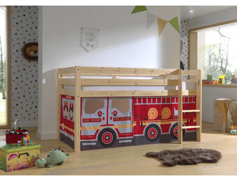 LUCEVI - Pino Halfhoogslaper H115CM + Ladder + Fire Truck Gordijntjes - Bruin - 90x200 cm